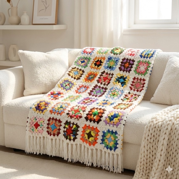 Other - Large Handmade Granny Square Crochet Throw Boho Patchwork Fringe